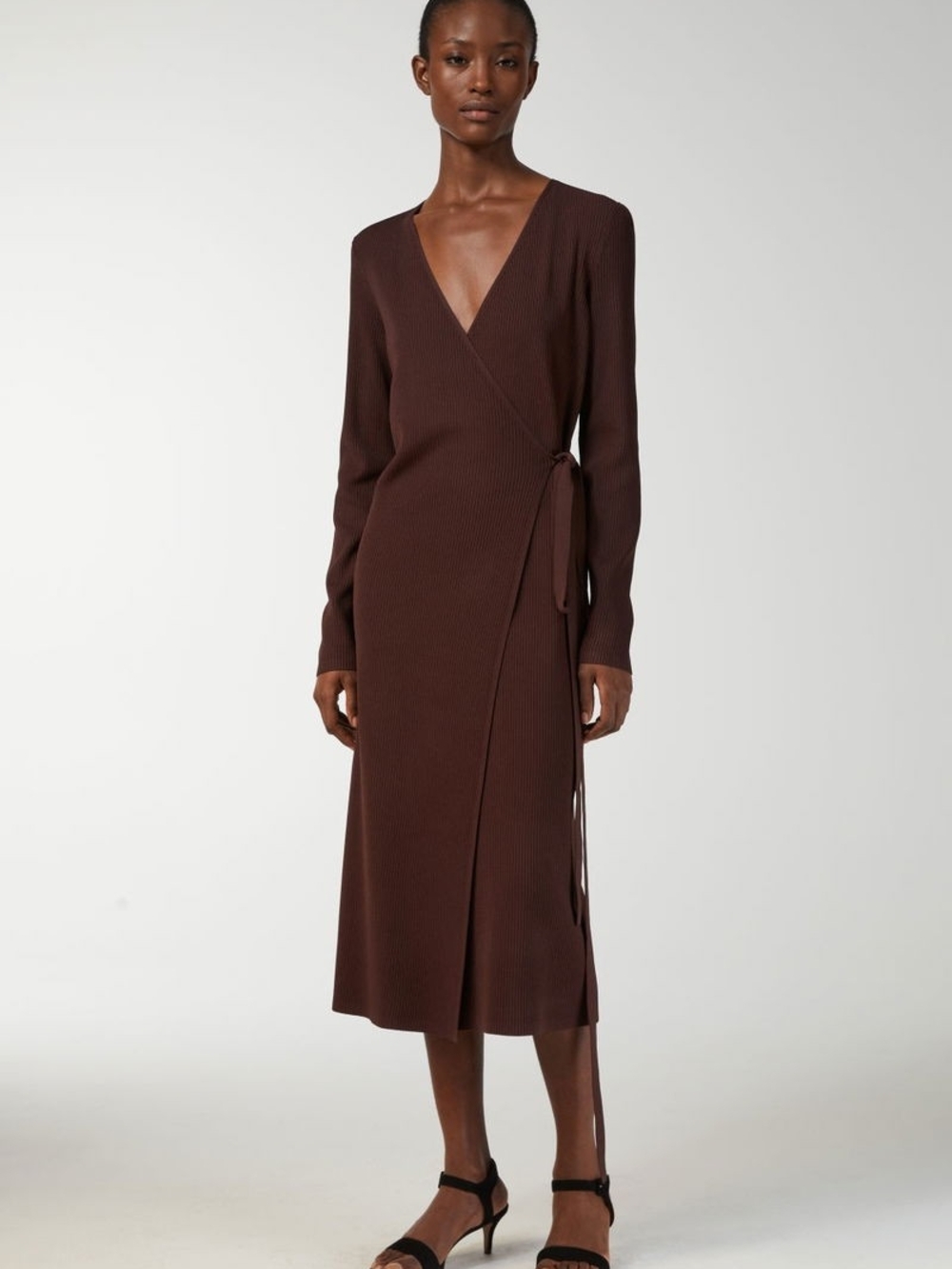 Arket Ribbed Wrap Midi Dress Viscose Blend Deep Brown S Office Casual